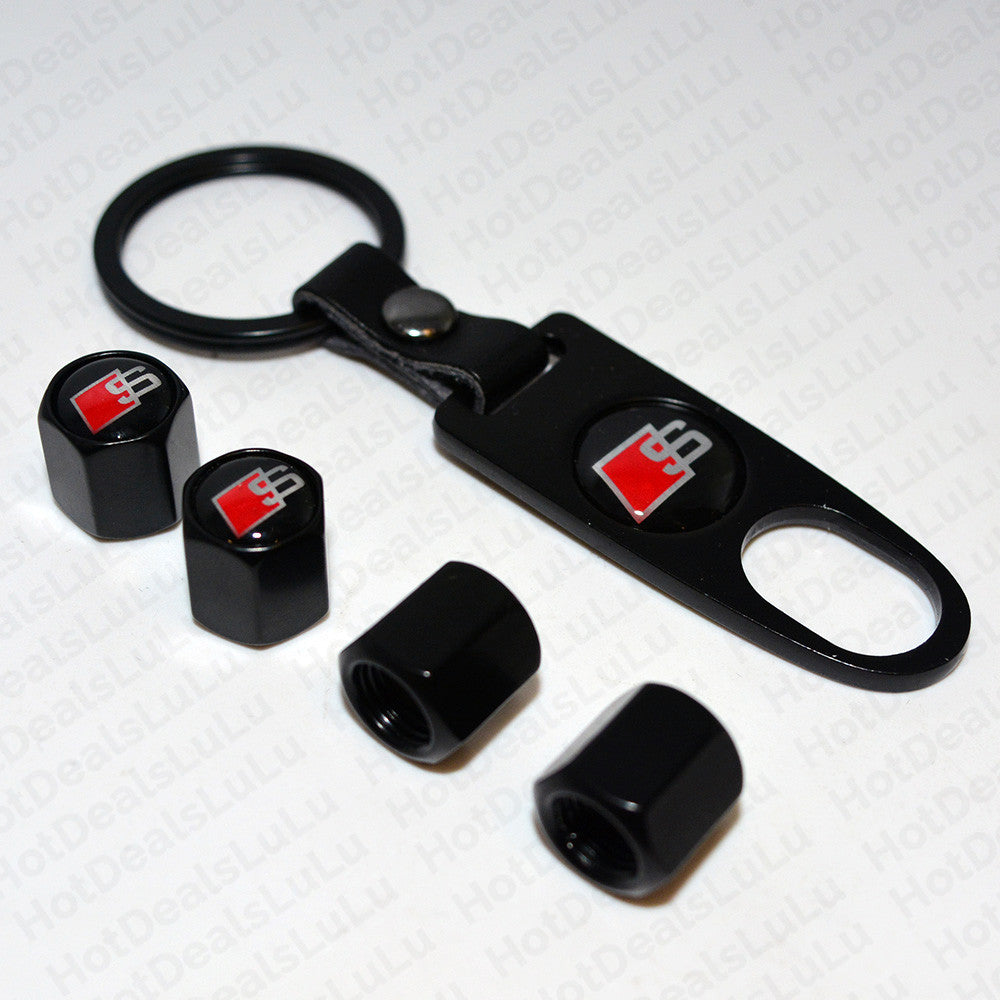 Black Car Wheel Tyre Tire Valve Dust Stems Air Caps Keychain With Audi S Emblem