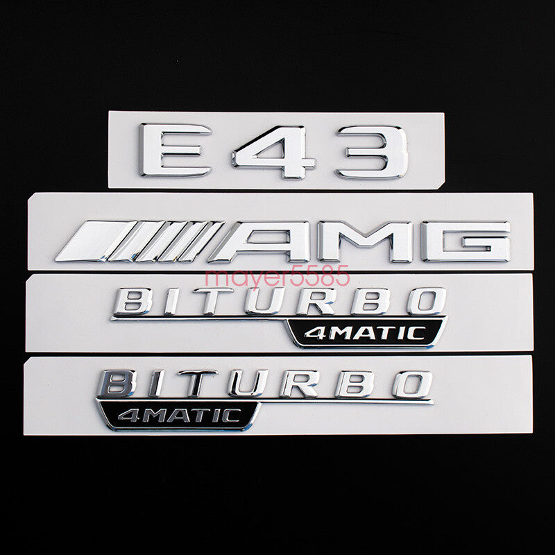4pcs Chrome E43 AMG BITURBO 4 MATIC Trunk Emblem Badge Sticker for Mercedes Benz