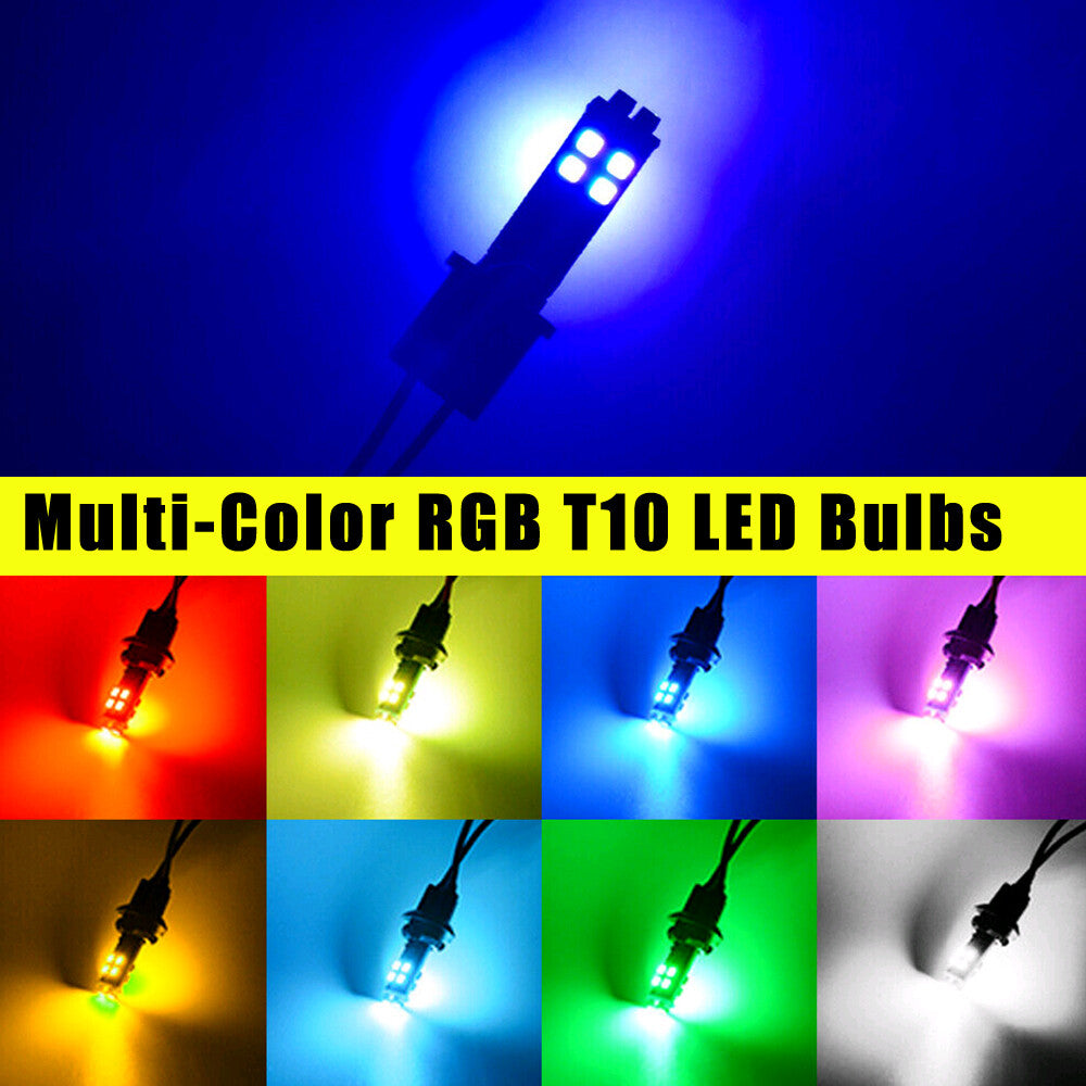 1 Set 168 194 T10 Car Parking Lights RGB LED Bulbs w/RF Remote Control Universal