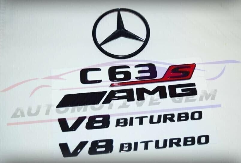 C63S SEDAN V8 BITURBO Rear Star Emblem glossy Black Badge Combo Set
