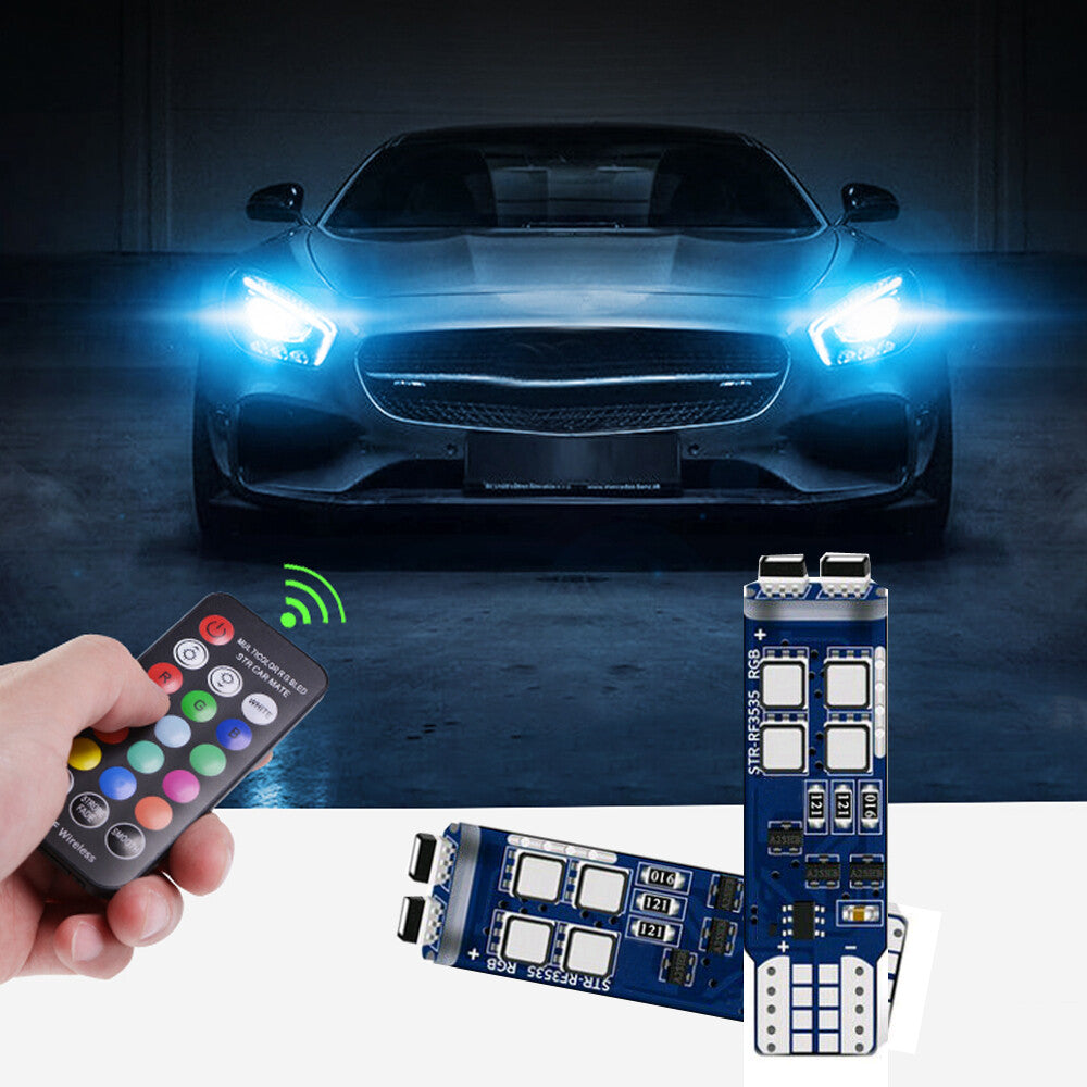 1 Set 168 194 T10 Car Parking Lights RGB LED Bulbs w/RF Remote Control Universal