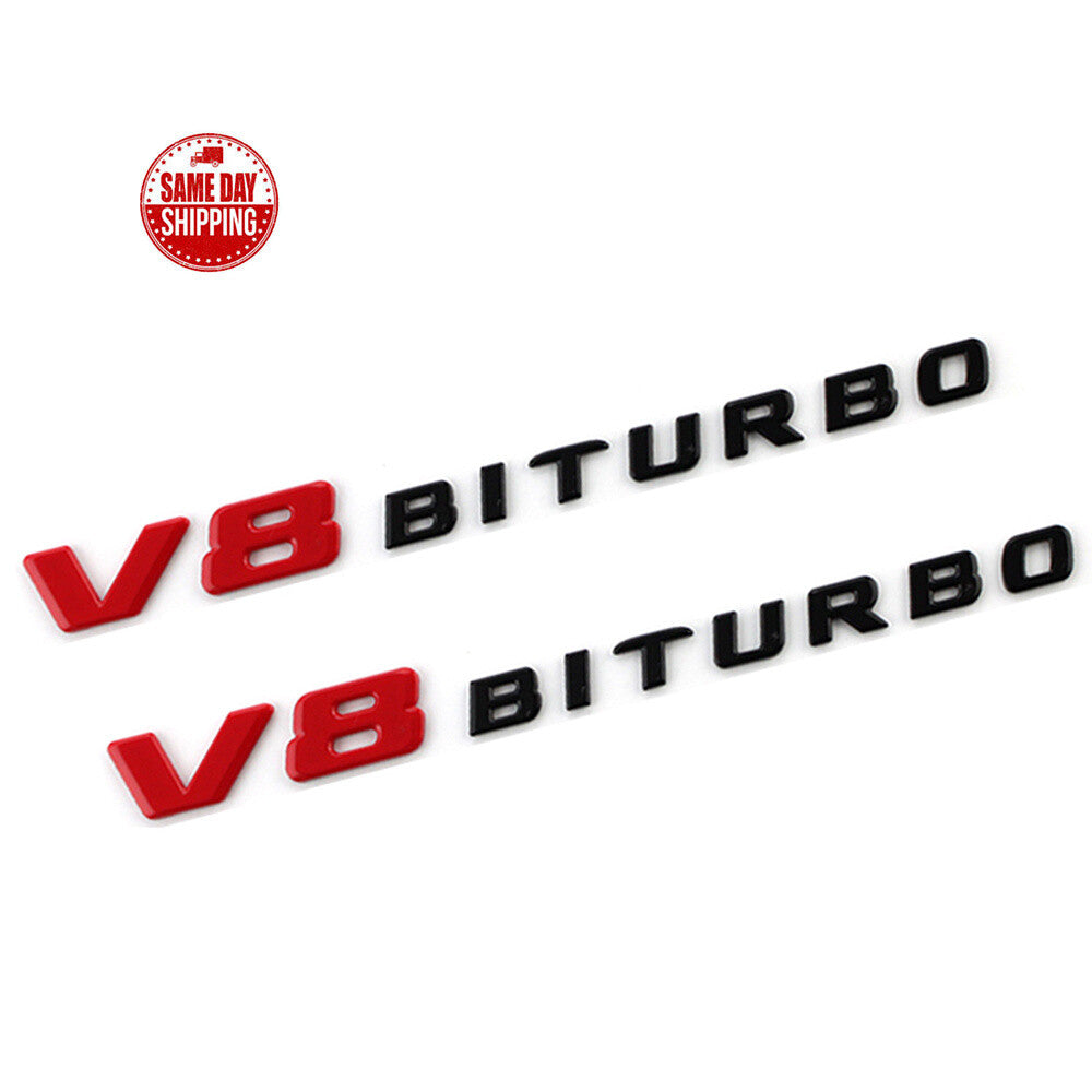 2 X V8 BITURBO Gloss Black/Red Fender BADGE FOR MERCEDES AMG C63 E63 GLC63 GLS63