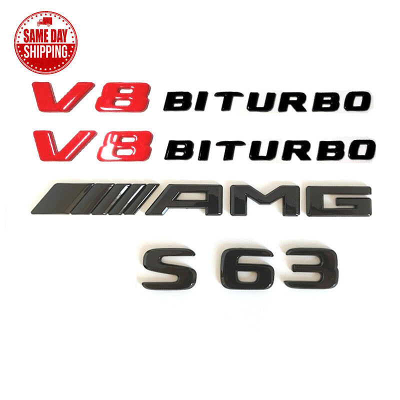 S63+V8 BITURBO+AMG GLOSS BLACK RED BADGES FOR MERCEDES S CLASS W222/C217/A217