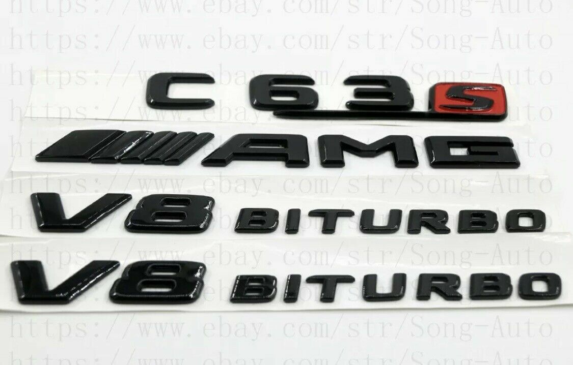 for MERCEDES C-CLASS GLOSS BLACK SET AMG C63 S+V8BITURBO BADGES EMBLEMS STICKER