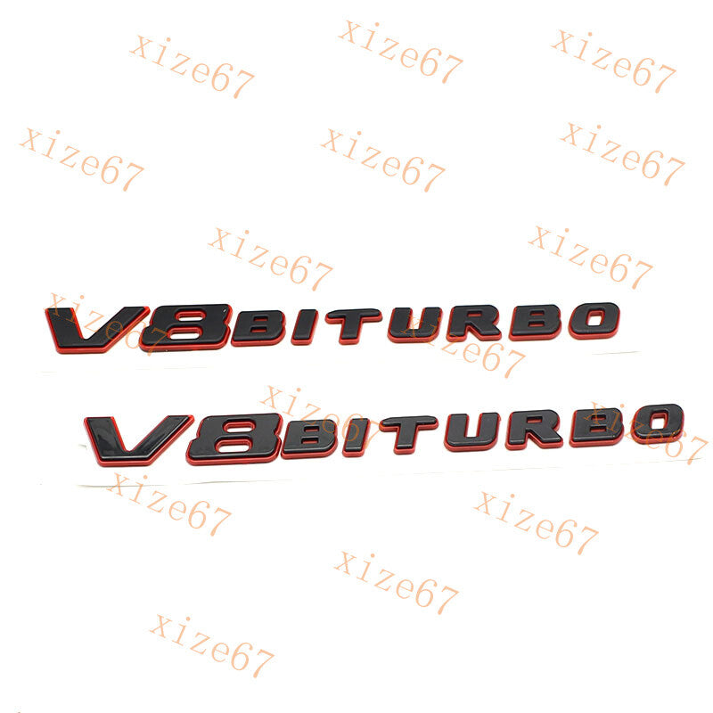2pcs Glossy Black Red V8 BITURBO Fender Side AMG Emblem Badge For MB C63 E63 G63