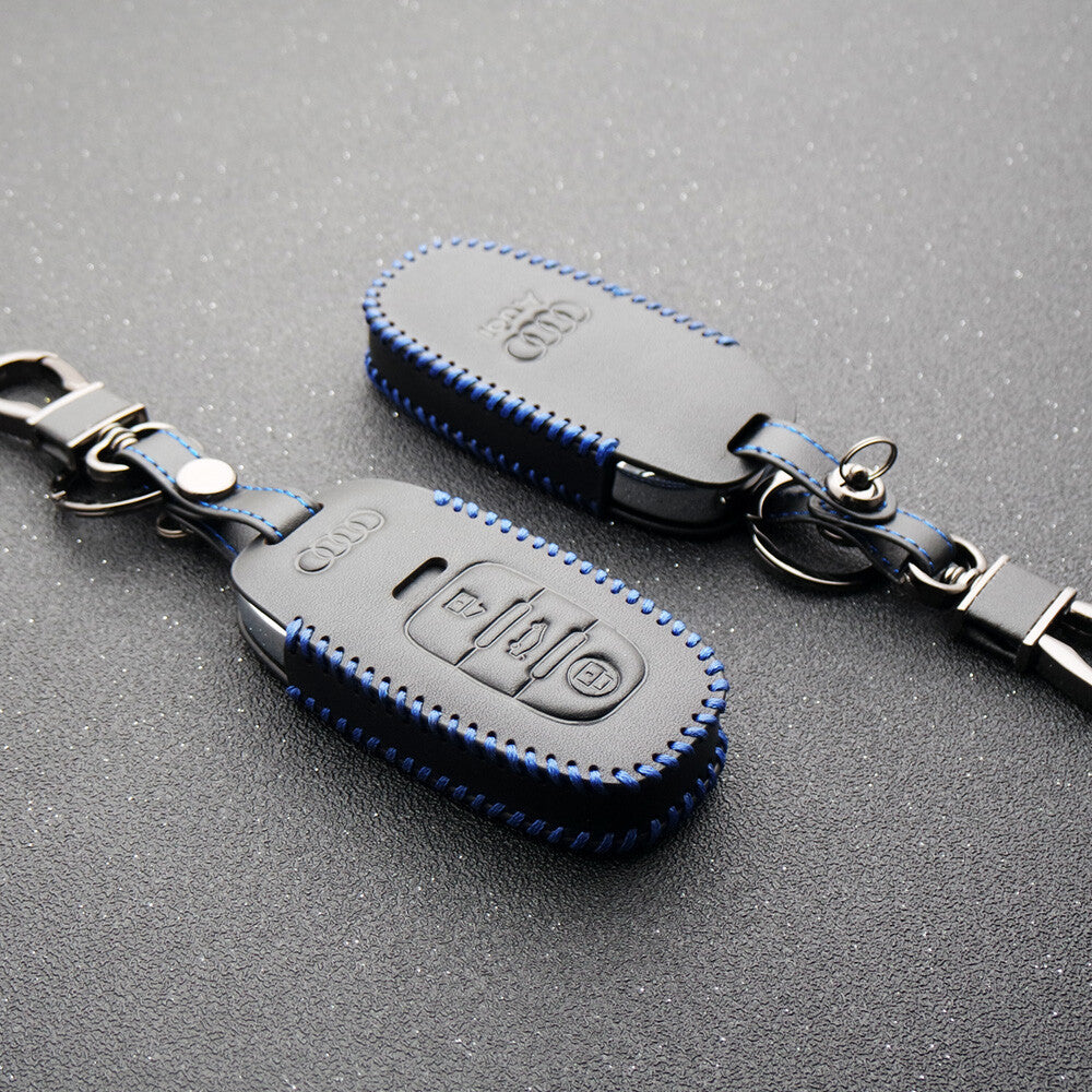 Blue Audi Car Remote Leather Key Fob Case Holder Protect Cover Decoration Gift