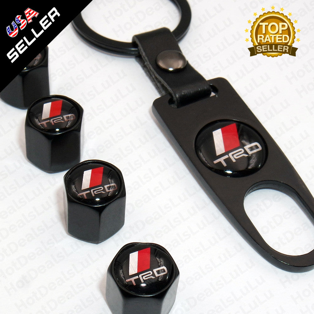 Black CAR Wheel Tyre Tire Valves Dust Stems Air Caps + Keychain With TRD Emblem