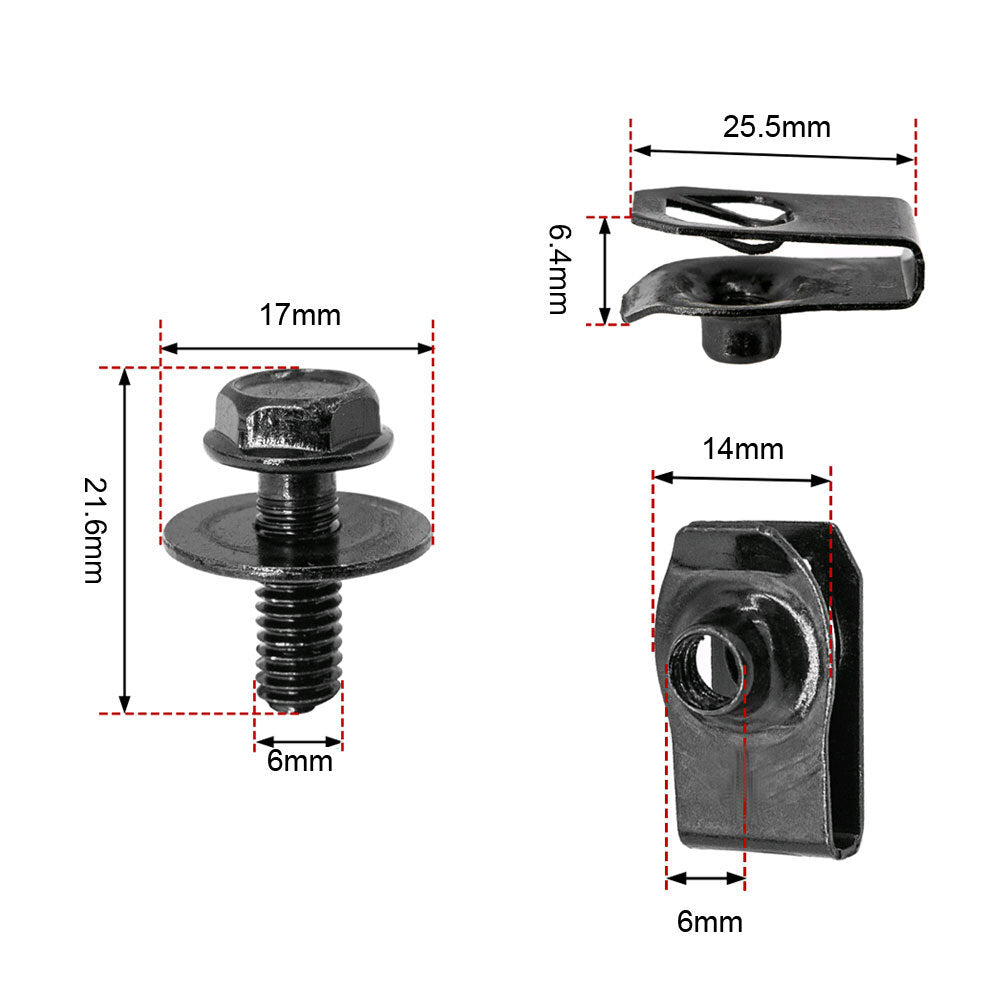 Body Bolts & U-nut Clips Set M6 Engine Covers Undertray Splash Shield Guard Trim