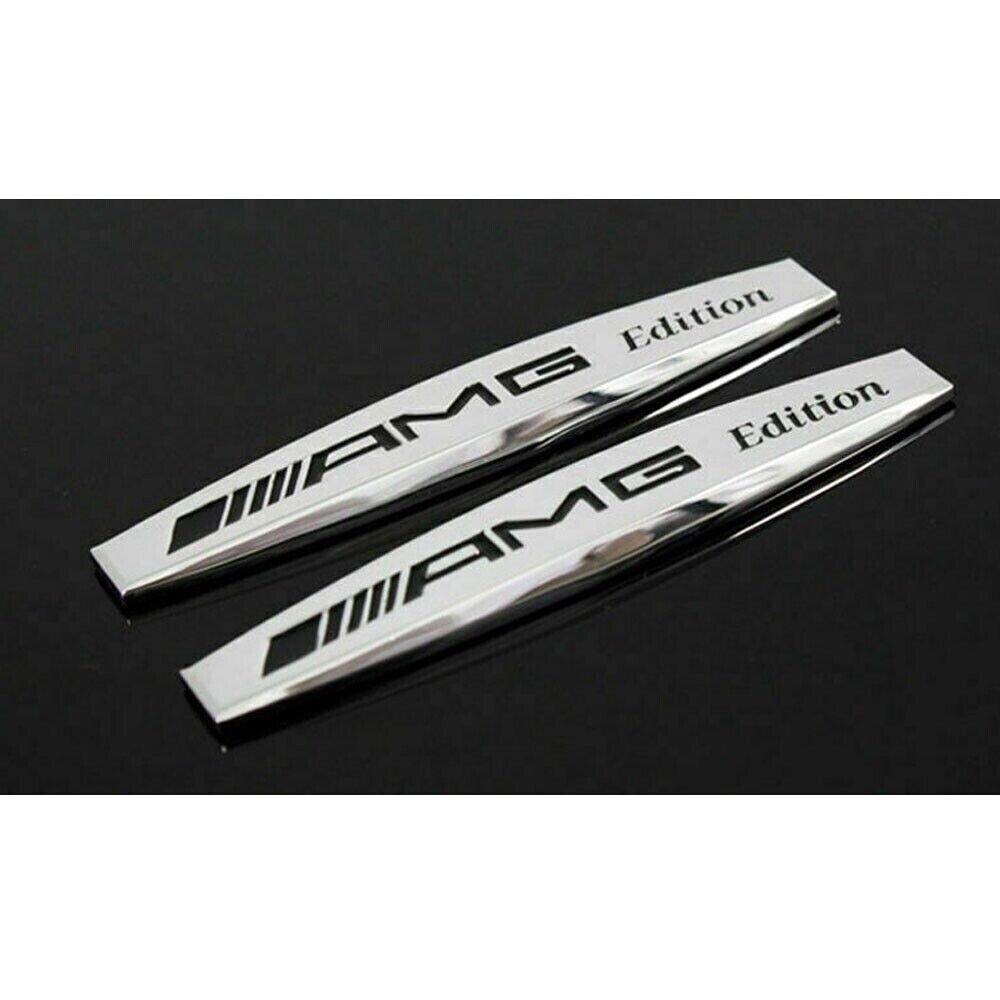 2 Mercedes AMG Edition 3D Logo in Shiny Silver Metal 10cm x 1.7cm (PACK OF 2)