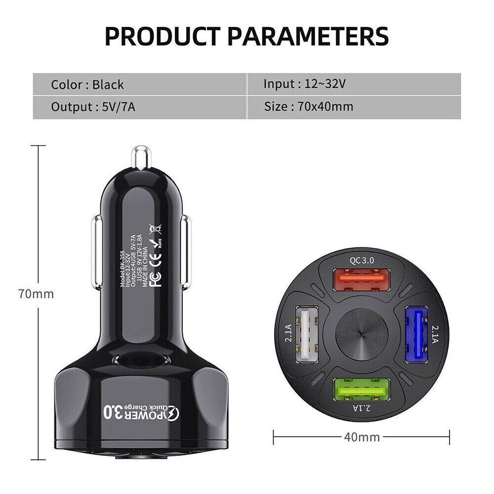 4Port USB Phone Car Charger Adapter LED Display QC 3.0 Fast Charging Accessories
