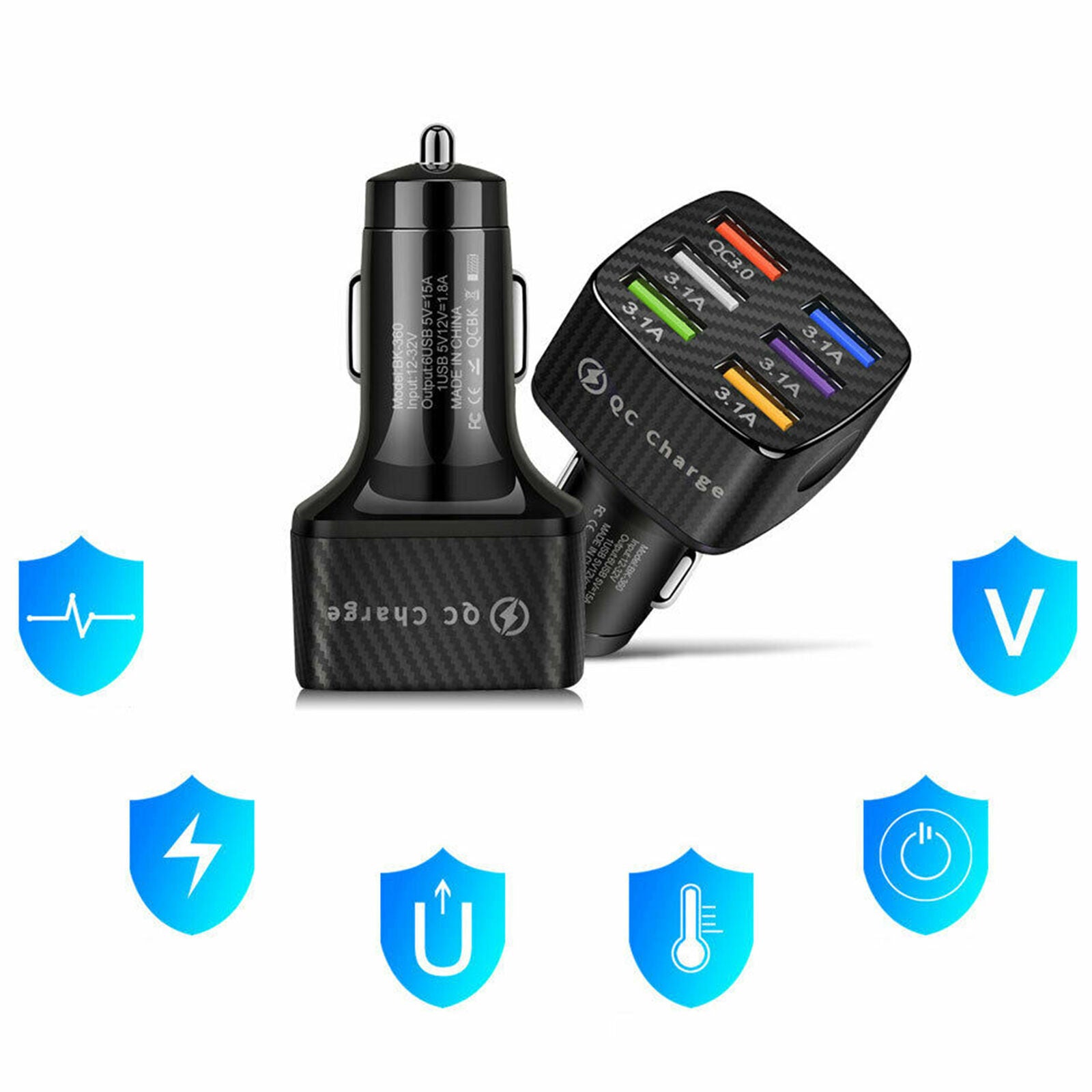 6 Port USB Phone Charger Adapter Fast Charging QC3.0 LED Display Car Accessories