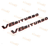 2pcs Glossy Black Red V8 BITURBO Fender Side AMG Emblem Badge For MB C63 E63 G63