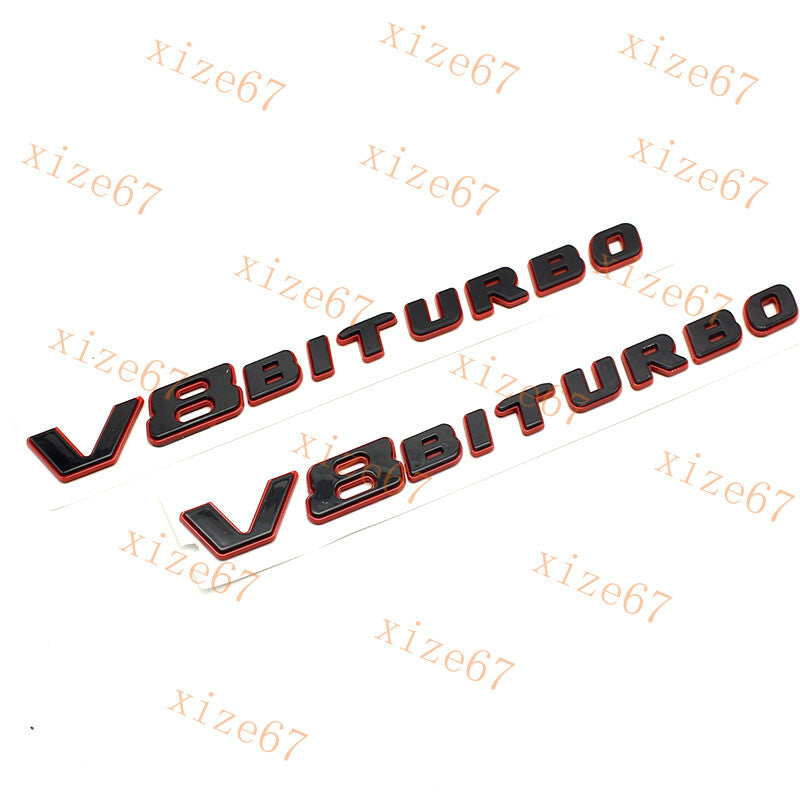 2pcs Glossy Black Red V8 BITURBO Fender Side AMG Emblem Badge For MB C63 E63 G63