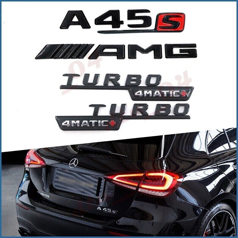 Gloss Black A45S AMG TURBO 4MATIC+ Trunk Emblems Badges Set For Mercedes Benz