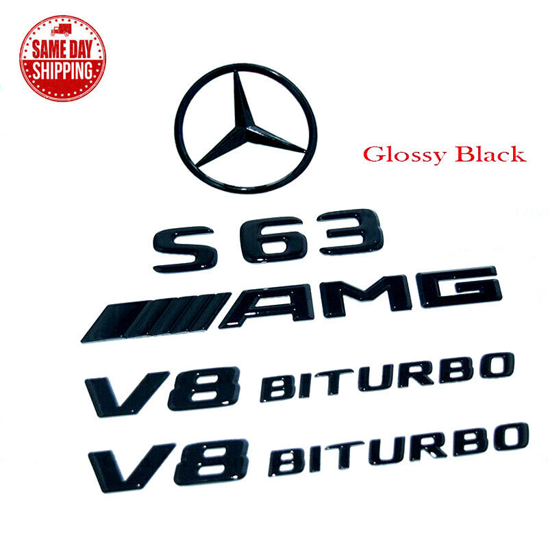 S63 Sedan AMG V8 BITURBO Rear Star Emblem Black Badge Combo Set for W222 2007-13