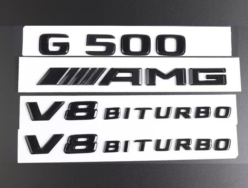 4PCS G500+ AMG + V8 BITURBO Gloss Black Emblem Badge Set For Mercedes Benz