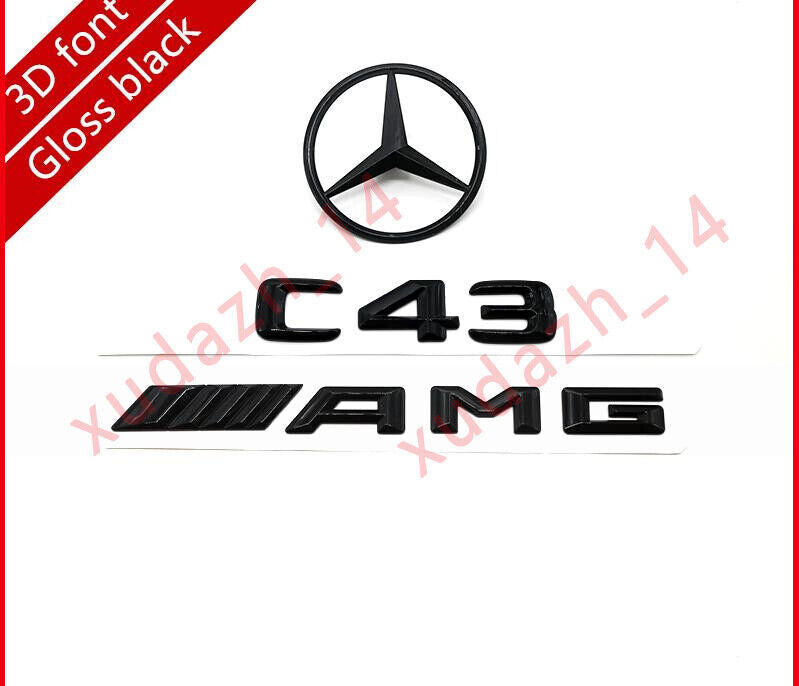 Black C43+AMG+STAR Rear Star Badge Emblem for Mercedes-Benz C-Class W205 4DR