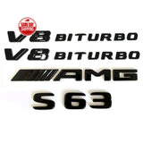 For Mercedes Benz S63 V8 BITURBO + AMG Badge Glossy Black Trunk Fender Emblem