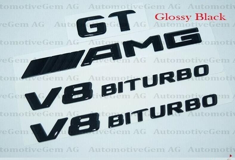 GT AMG V8 BITURBO Emblem glossy Black Badge Combo Set for Mercedes Benz