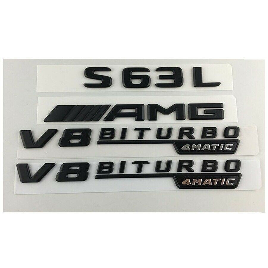 matte Black Trunk Fender Emblems Badges for Mercedes S63L AMG V8 BITURBO 4MATIC