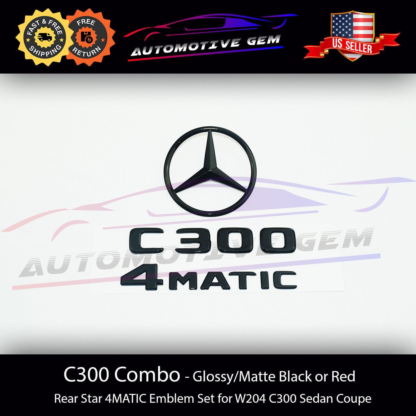 C300 AMG 4MATIC Rear Star Emblem Black Letter Badge Set for Mercedes W204 2008