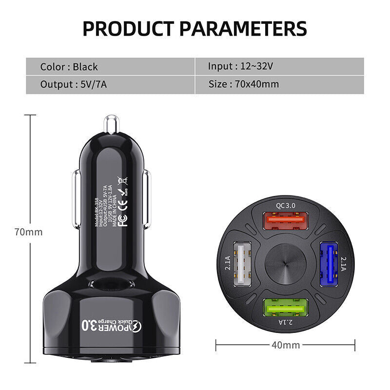 4Port USB Phone Car Charger Adapter QC 3.0 Fast Charging Accessories LED Display
