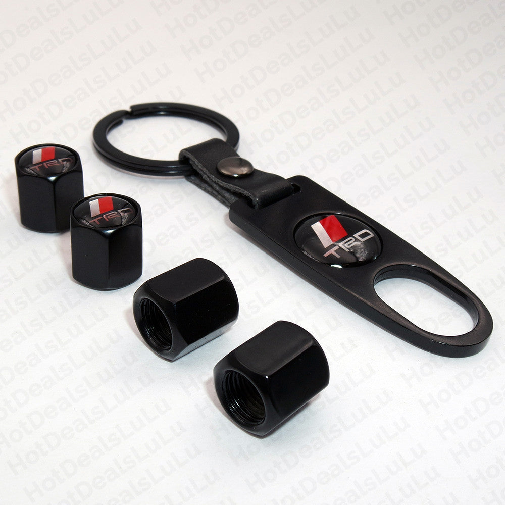 Black CAR Wheel Tyre Tire Valves Dust Stems Air Caps + Keychain With TRD Emblem