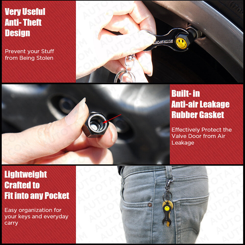 4pcs Hex GMC Tire Wheel Air Stem Dust Valve Caps Cover Wrench Keychain Keychain