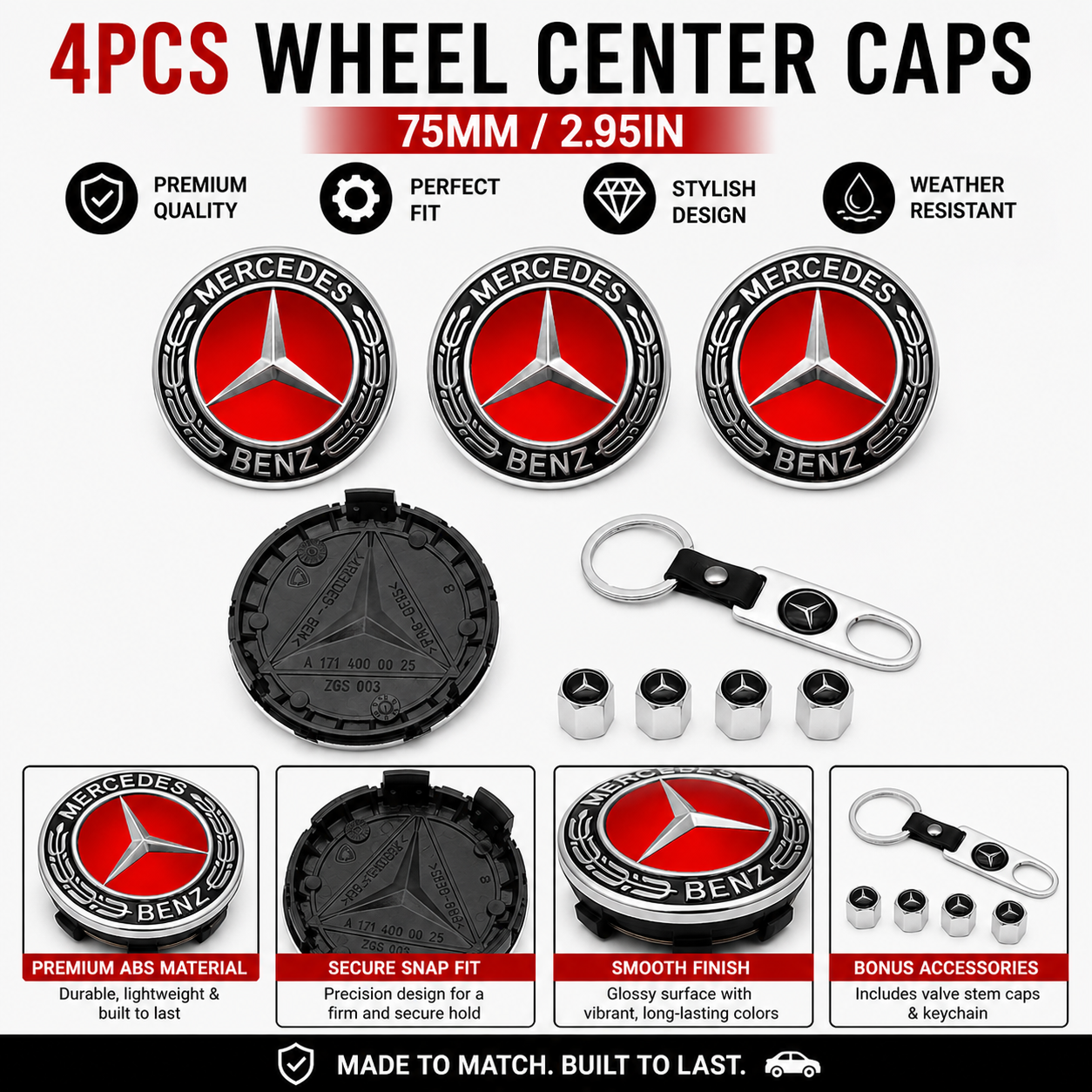 4pcs Wheel Center Caps 3D Emblem Car Tire Hub Cap Replacement for Mercedes-Benz