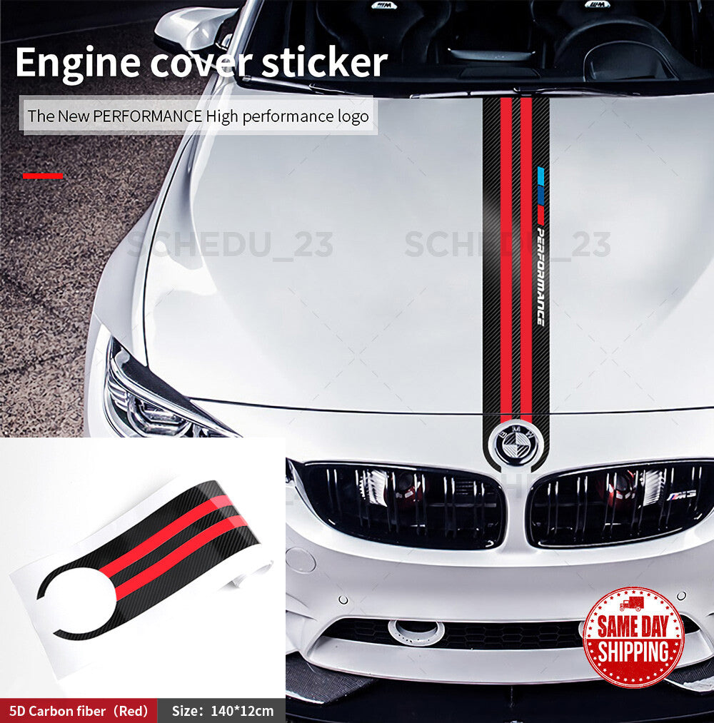 Red Carbon Fiber 5D Car Hood Sticker Stripe Decal For BMW Performance Sport