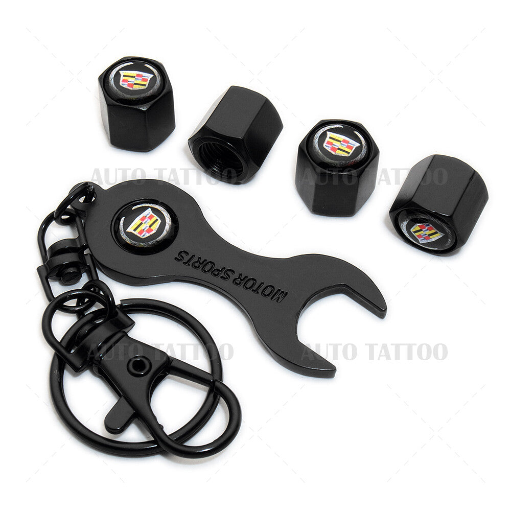 4x Hex Cadillac Car Tire Wheels Air Stem Dust Valve Cap Cover + Keychain Ring