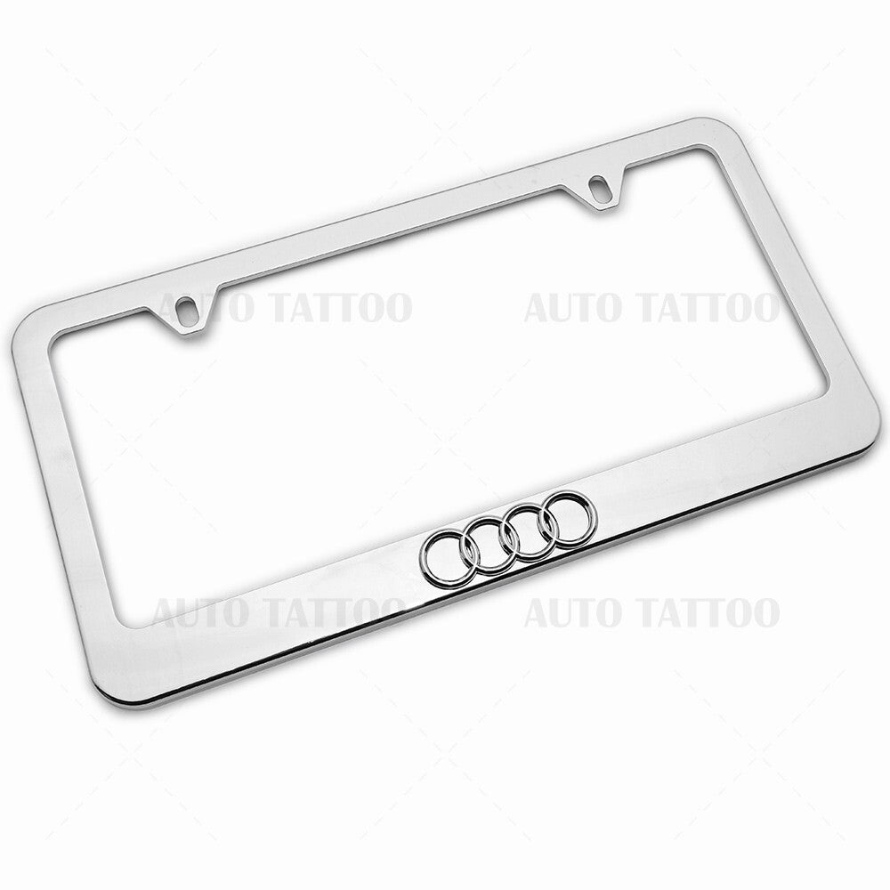 1x 3D Audi Ring Mirror Chrome License Plate Frame Cover Decorate + Screw Caps