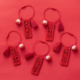 3D New Year Wooden Chinese Blessing Words Keychain Keyring with Lucky Cat Bell