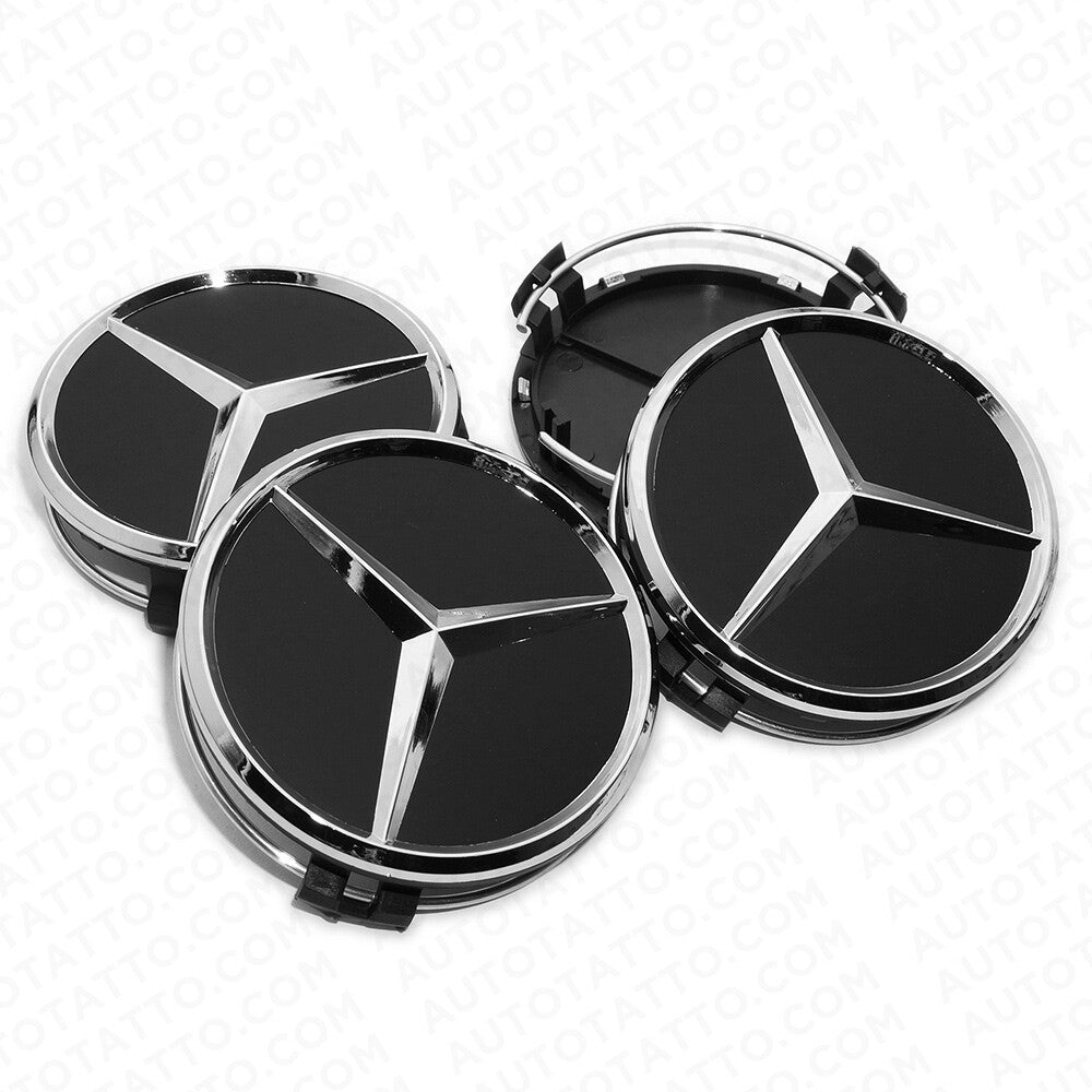 4x Mercedes Wheels Center Cap Hub Black Star Cover Inserts Replacement Sport AMG