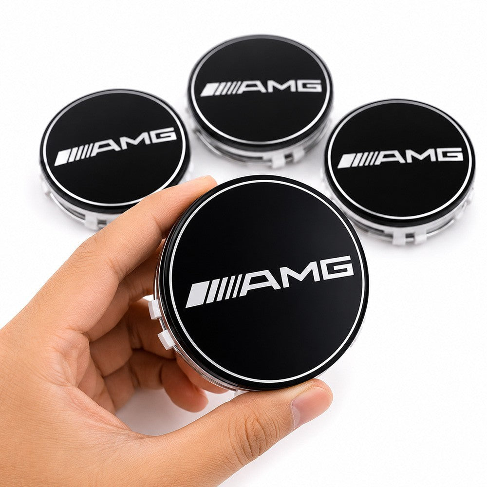 SET OF 4 Mercedes Benz AMG 75MM Black & Silver Rim Wheel Center Hub Caps Emblem