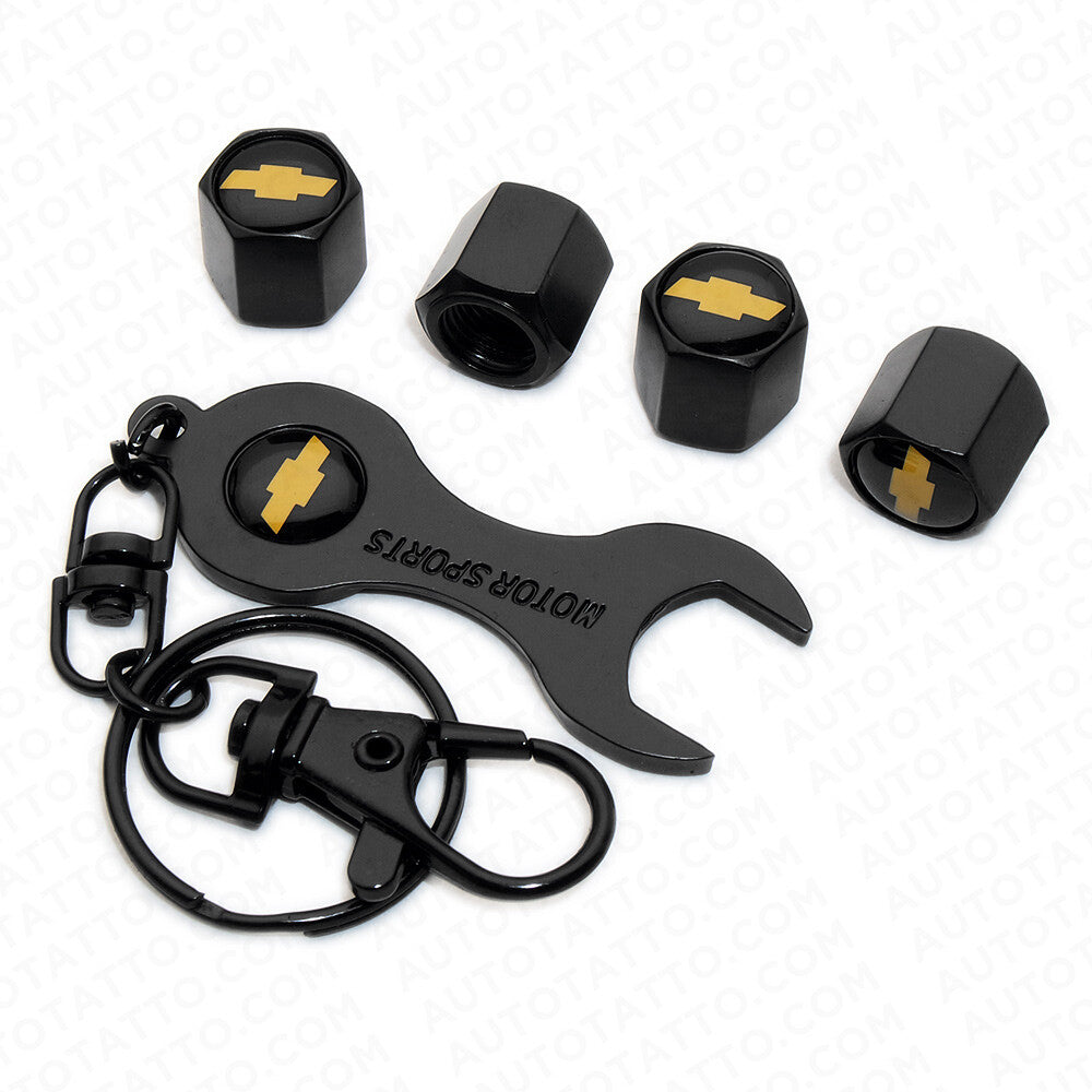 4pcs Hex Chevy Sport Car Tire Wheel Air Stem Dust Valve Caps Cover + Keychain