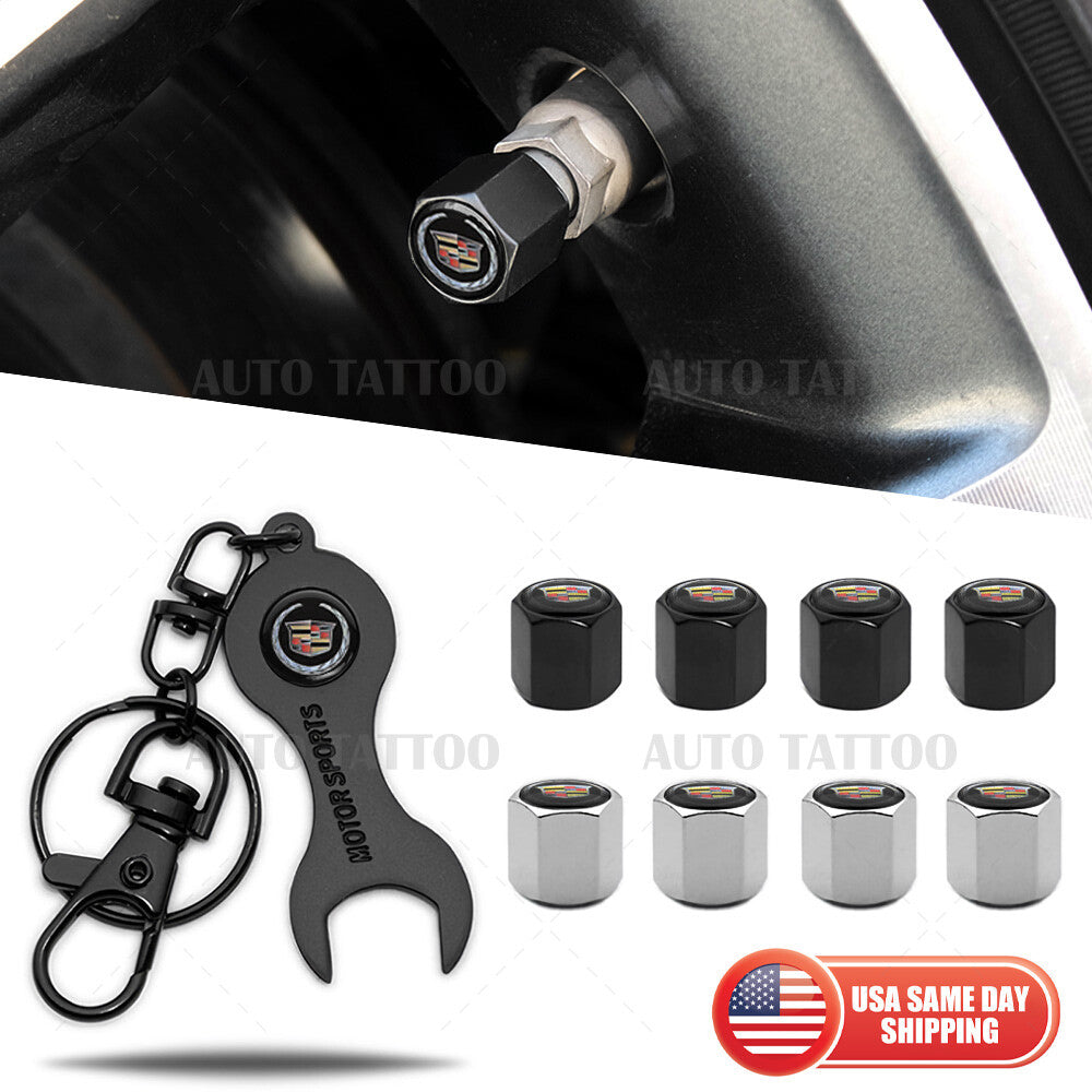 4x Hex Cadillac Car Tire Wheels Air Stem Dust Valve Cap Cover + Keychain Ring