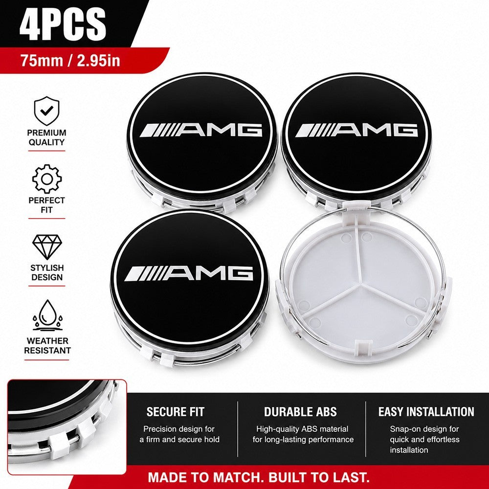 SET OF 4 Mercedes Benz AMG 75MM Black & Silver Rim Wheel Center Hub Caps Emblem