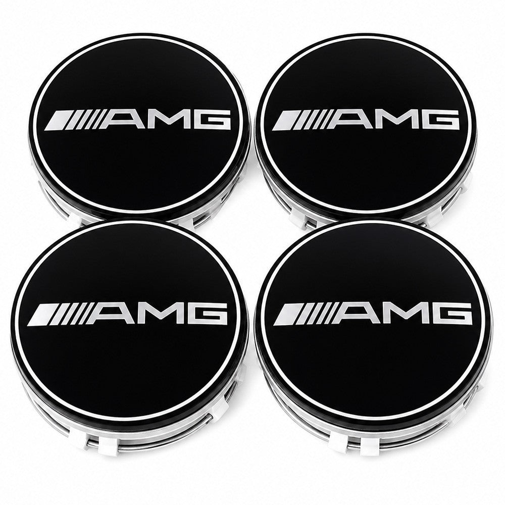SET OF 4 Mercedes Benz AMG 75MM Black & Silver Rim Wheel Center Hub Caps Emblem