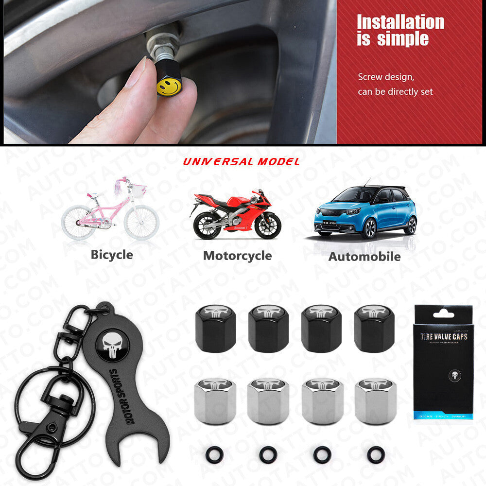 4pcs -Privilege Car Tire Wheels Air Stem Dust Valve Caps Cover + Keychain - White