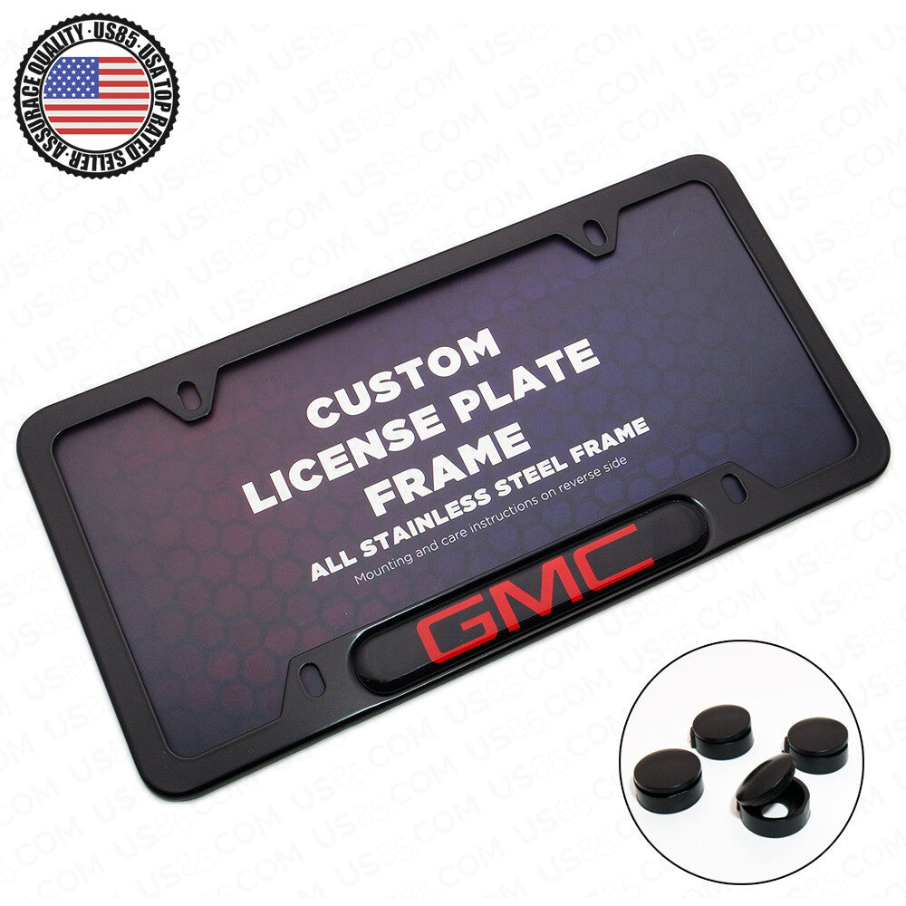 Black Stainless Steel Front Rear Emblem License Plate Frame Cover Gift - GMC