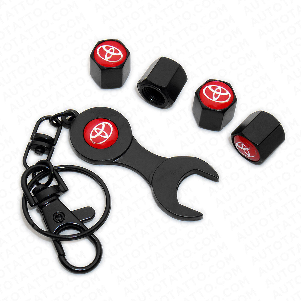 4x Red Toyota Hex Car Tire Wheel Air Stem Dust Valve Cap Cover + Wrench Keychain