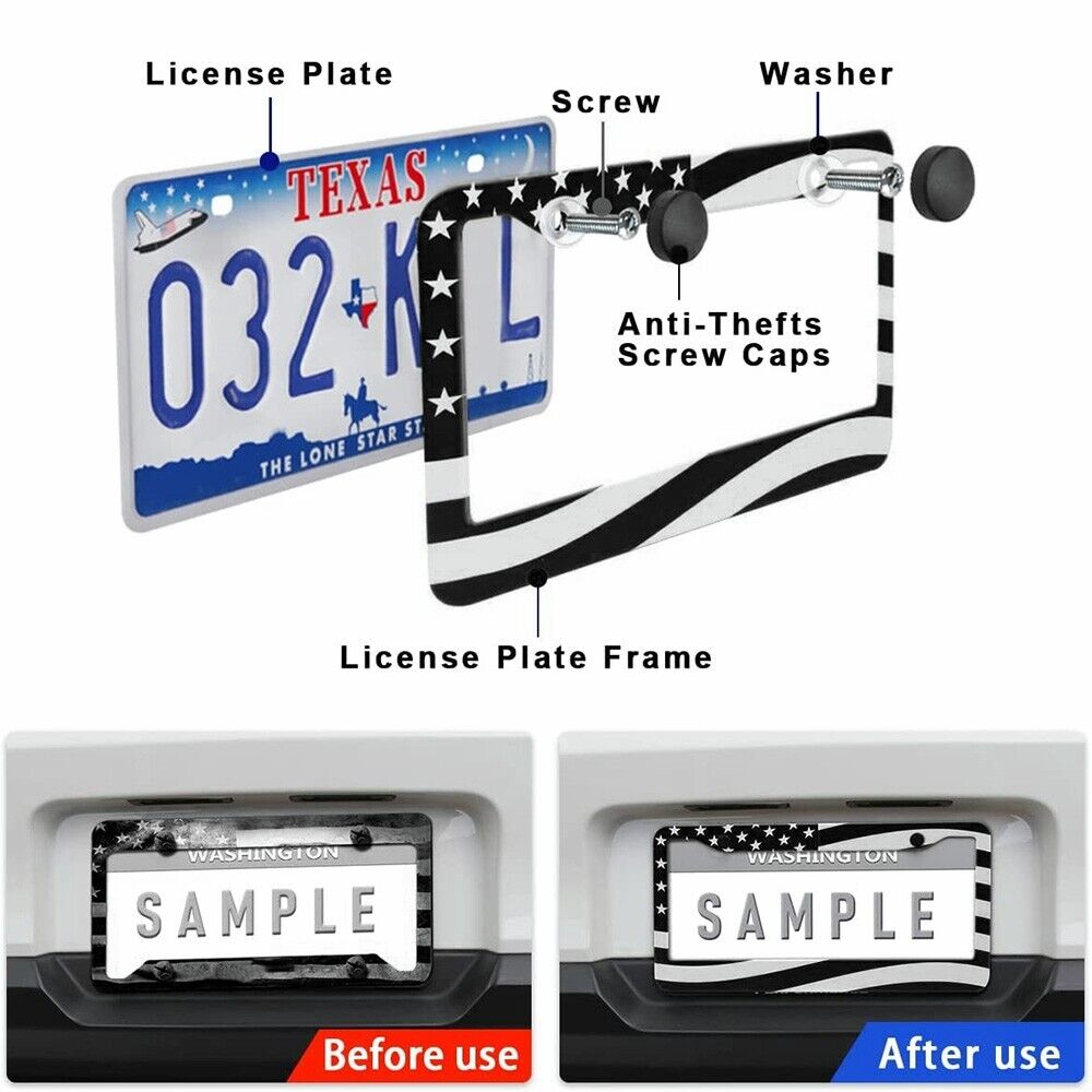 2pcs Black Stainless Steel USA American Nations Flag Car License Plate Frame