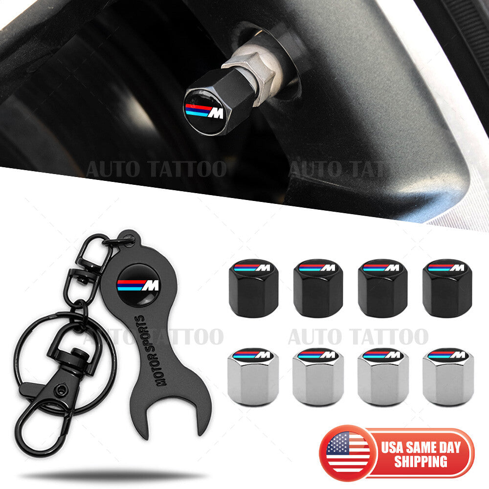 4pcs Hex M Power Sport Car Tire Wheels Air Stem Dust Valve Cap Cover + Keychain