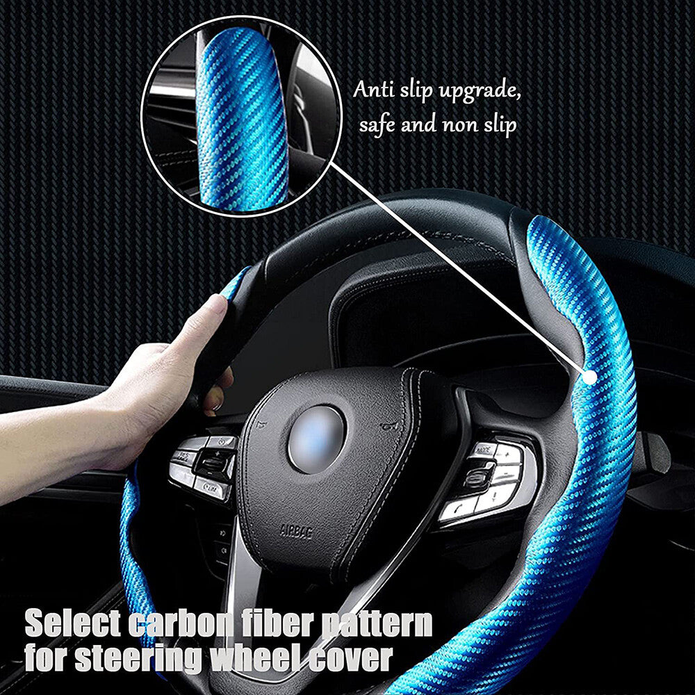 Universal Blue Carbon Fiber Car Steering Wheel Cover Non Slip Protector Decorate