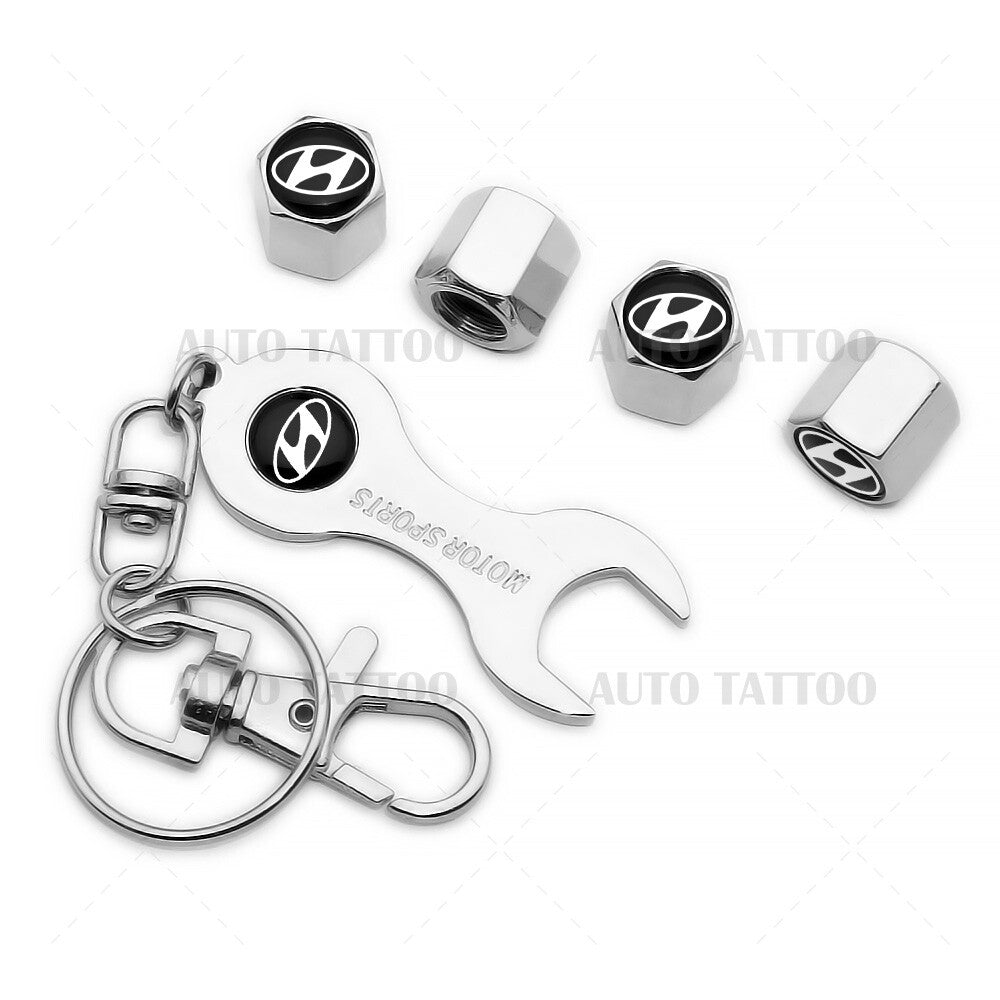 4pcs Hex Hy Tire Wheels Air Stem Dust Valve Cap Cover Keychain Ring Keychain
