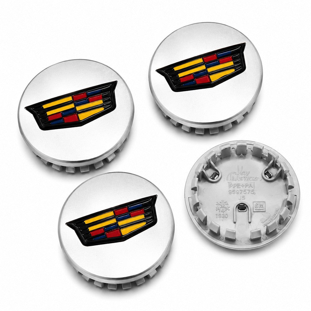 4x Cadillac ATS CTS DTS SRX STS XLR XTS 67mm Wheel Center Caps Silver & Black