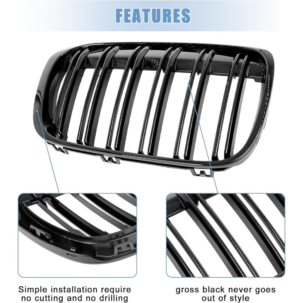 For BMW X1 F48 15-19 Front Bumper Gloss Black Racing Kidney Grille Double Slats