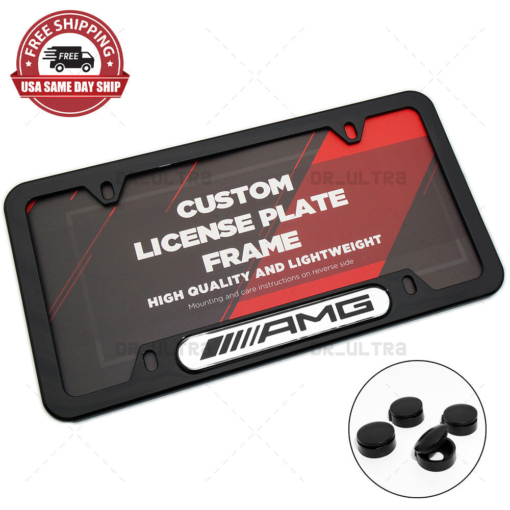 Gloss Black Front or Rear AMG Sport Logo Emblem License Plate Frame Cover Gift
