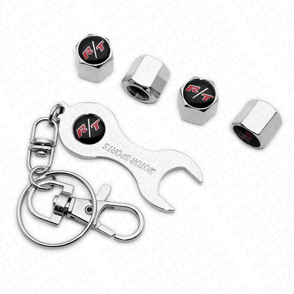 4x Hex Fit R/T Car Tire Wheel Air Stem Dust Valve Caps Cover + Wrench Keychain